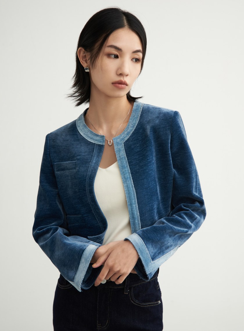 絨面無領雙色短版長袖外套